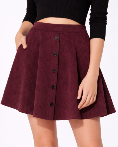 Jupe courte évasée taille haute avec poches et boutons
