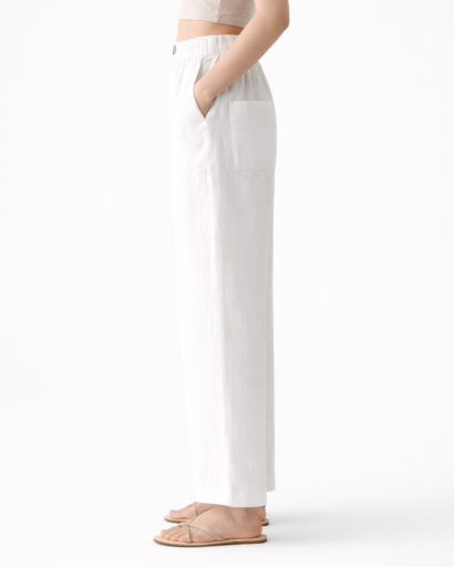 Pantalon Femme Coupe Droite Taille Élastique avec Poches Plaquées