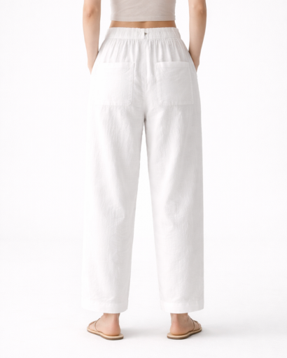 Pantalon Femme Coupe Droite Taille Élastique avec Poches Plaquées
