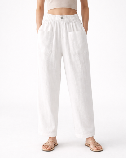 Pantalon Femme Coupe Droite Taille Élastique avec Poches Plaquées