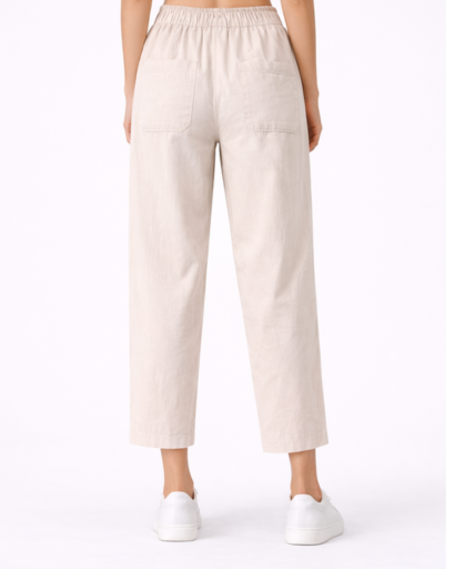 Pantalon Femme Coupe Droite Taille Élastique avec Poches Plaquées