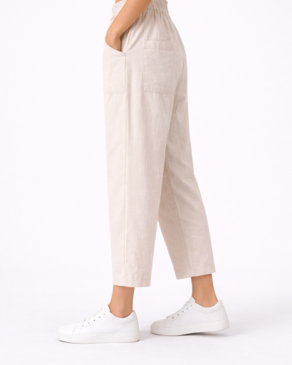 Pantalon Femme Coupe Droite Taille Élastique avec Poches Plaquées