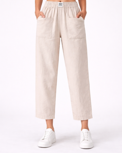 Pantalon Femme Coupe Droite Taille Élastique avec Poches Plaquées