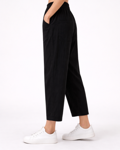 Pantalon Femme Coupe Droite Taille Élastique avec Poches Plaquées