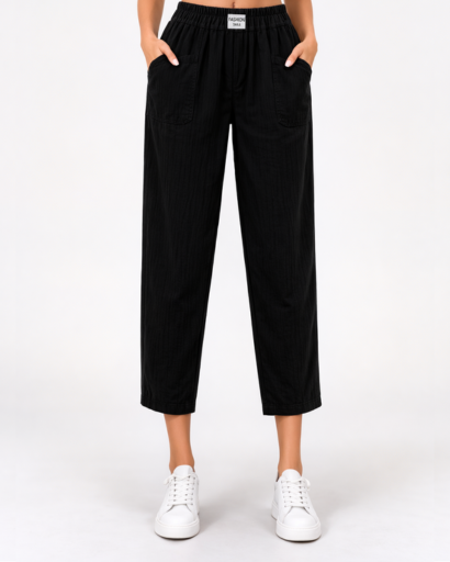 Pantalon Femme Coupe Droite Taille Élastique avec Poches Plaquées