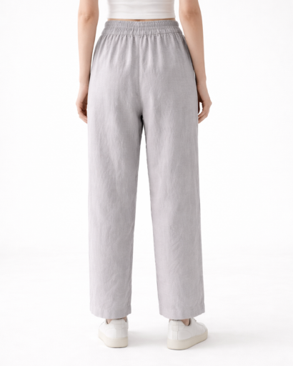 Pantalon Femme Coupe Droite Taille Élastique avec Poches Plaquées