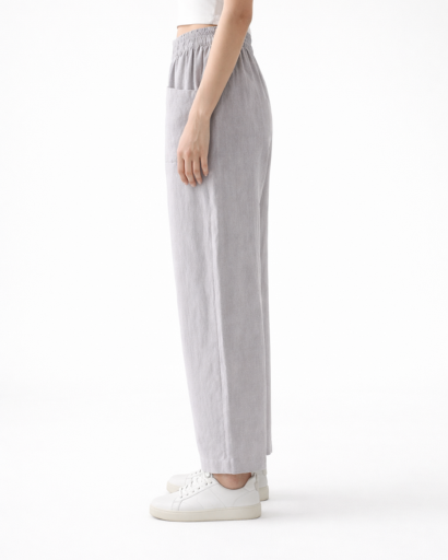 Pantalon Femme Coupe Droite Taille Élastique avec Poches Plaquées