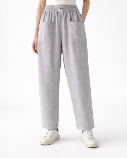 Pantalon Femme Coupe Droite Taille Élastique avec Poches Plaquées