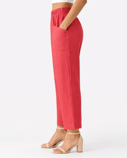 Pantalon Femme Coupe Droite Taille Élastique avec Poches Plaquées