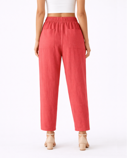 Pantalon Femme Coupe Droite Taille Élastique avec Poches Plaquées