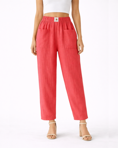 Pantalon Femme Coupe Droite Taille Élastique avec Poches Plaquées