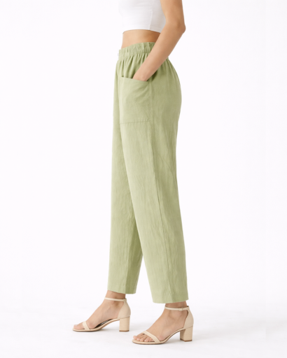 Pantalon Femme Coupe Droite Taille Élastique avec Poches Plaquées