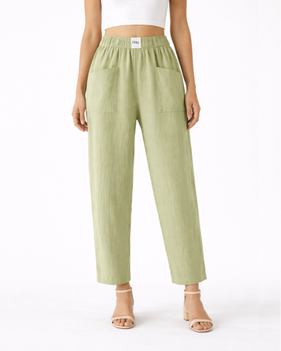 Pantalon Femme Coupe Droite Taille Élastique avec Poches Plaquées