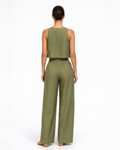 Ensemble Femme Deux Pièces Top Court Sans Manches et Pantalon Large