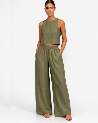Ensemble Femme Deux Pièces Top Court Sans Manches et Pantalon Large