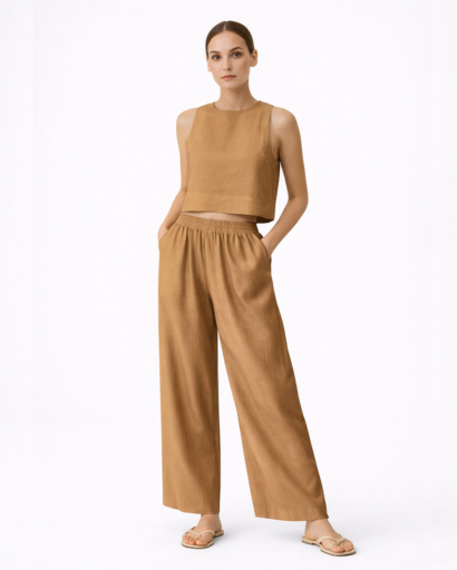Ensemble Femme Deux Pièces Top Court Sans Manches et Pantalon Large