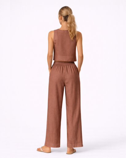 Ensemble Femme Deux Pièces Top Court Sans Manches et Pantalon Large