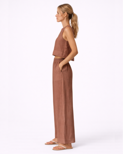 Ensemble Femme Deux Pièces Top Court Sans Manches et Pantalon Large