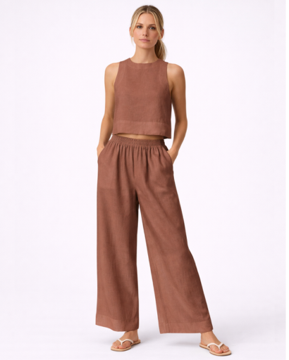 Ensemble Femme Deux Pièces Top Court Sans Manches et Pantalon Large