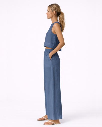 Ensemble Femme Deux Pièces Top Court Sans Manches et Pantalon Large