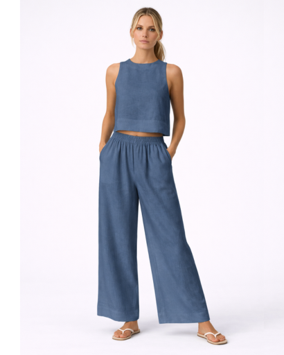 Ensemble Femme Deux Pièces Top Court Sans Manches et Pantalon Large