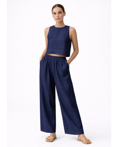 Ensemble Femme Deux Pièces Top Court Sans Manches et Pantalon Large