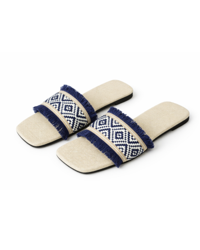 Sandales Plates Femme à Bride Large avec Motif Géométrique et Franges