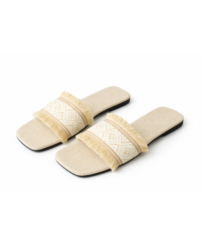 Sandales Plates Femme à Bride Large avec Motif Géométrique et Franges