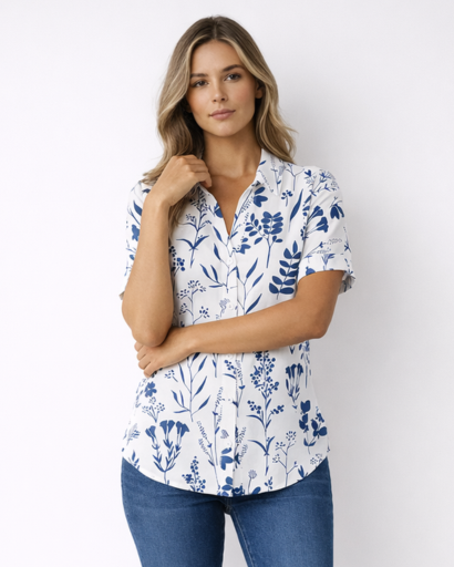 Chemise Femme Manches Courtes Imprimé Floral avec Col Classique