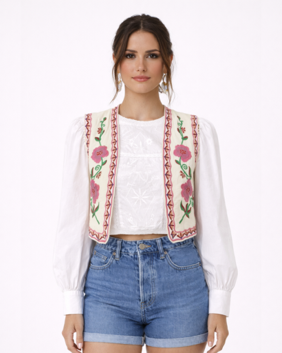 Gilet Court Femme Sans Manches Brodé avec Motifs Floraux