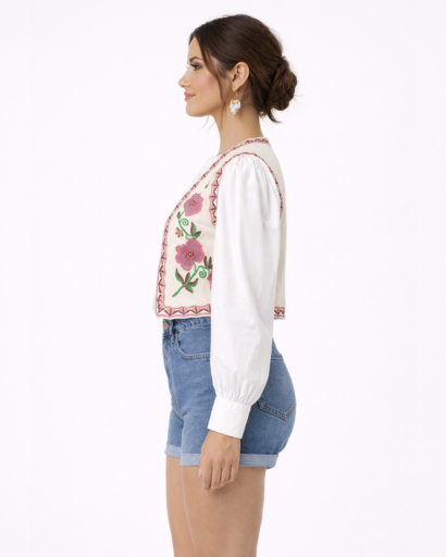 Gilet Court Femme Sans Manches Brodé avec Motifs Floraux