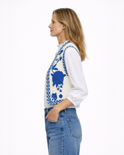 Gilet Court Femme Sans Manches Brodé avec Motifs Floraux