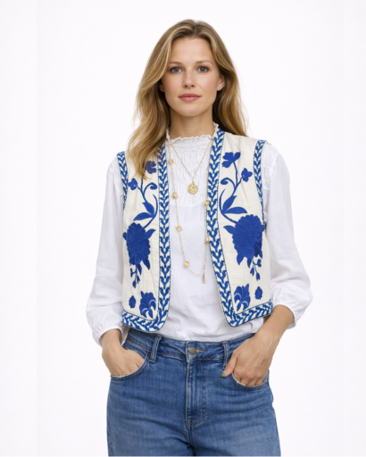 Gilet Court Femme Sans Manches Brodé avec Motifs Floraux