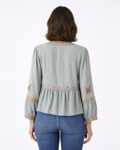 Blouse Femme Col V Brodée avec Manches Longues Amples