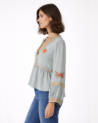 Blouse Femme Col V Brodée avec Manches Longues Amples