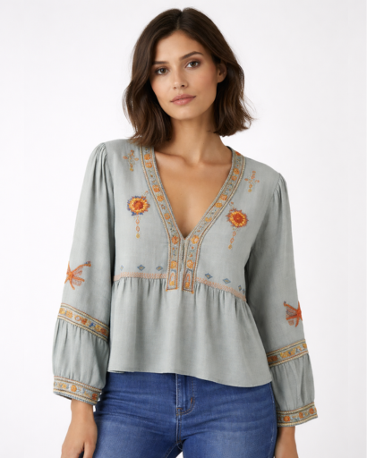 Blouse Femme Col V Brodée avec Manches Longues Amples