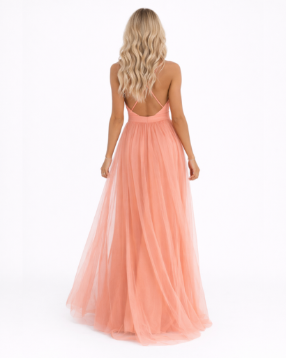 Robe Longue Plissée à Bretelles Fines avec Décolleté Plongeant