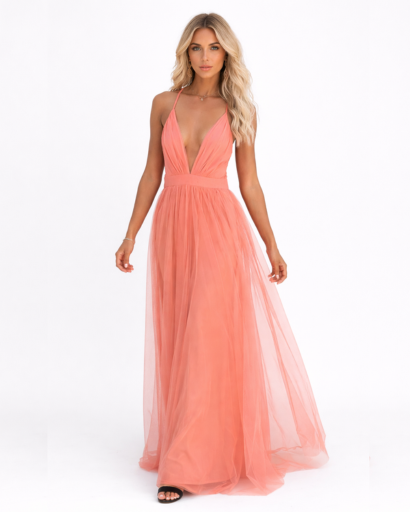 Robe Longue Plissée à Bretelles Fines avec Décolleté Plongeant
