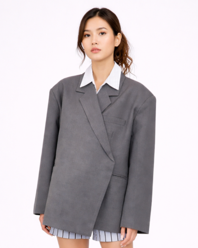 Blazer Femme Oversize à Col Tailleur avec Fermeture Boutonnée