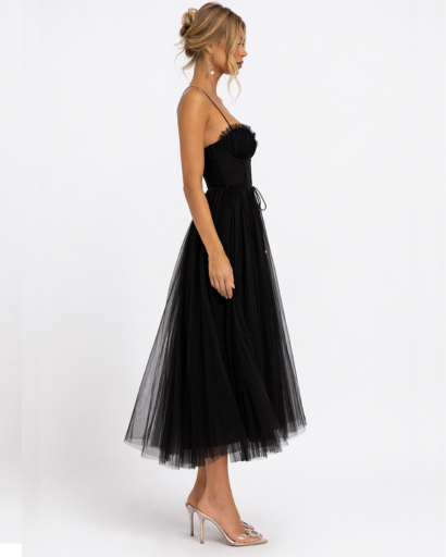 Robe Midi en Tulle à Bretelles Fines avec Décolleté Cœur