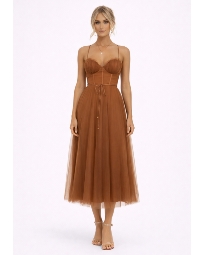Robe Midi en Tulle à Bretelles Fines avec Décolleté Cœur