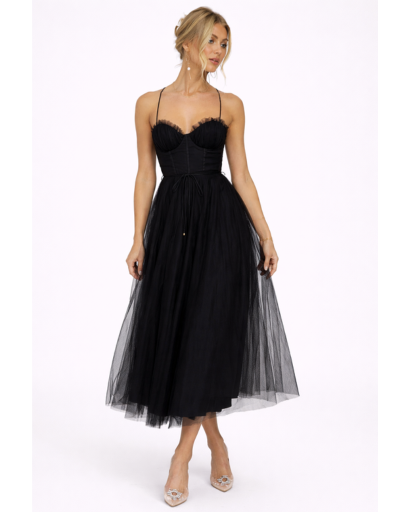 Robe Midi en Tulle à Bretelles Fines avec Décolleté Cœur