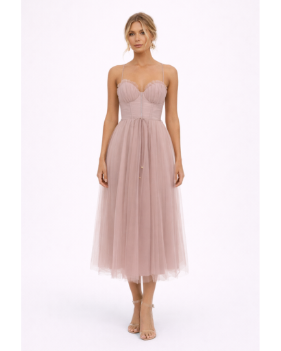 Robe Midi en Tulle à Bretelles Fines avec Décolleté Cœur