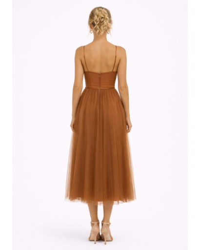 Robe Midi en Tulle à Bretelles Fines avec Décolleté Cœur