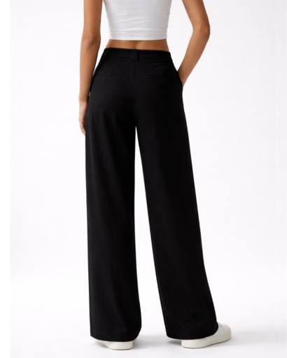 Pantalon large taille haute à plis avec poches latérales