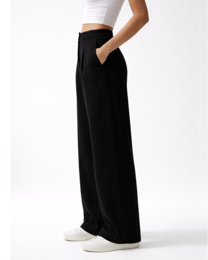 Pantalon large taille haute à plis avec poches latérales