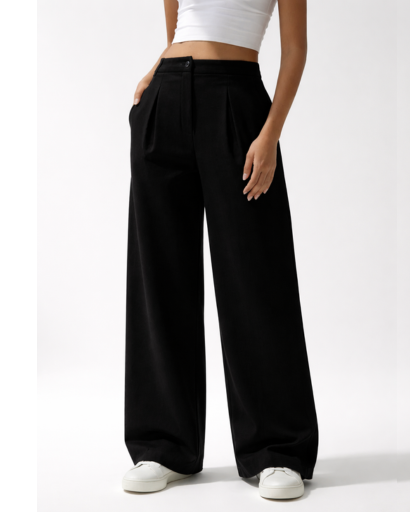 Pantalon large taille haute à plis avec poches latérales