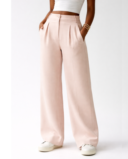 Pantalon large taille haute à plis avec poches latérales