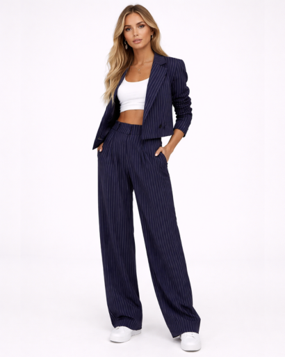 Ensemble tailleur femme à rayures avec blazer court et pantalon large