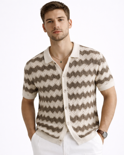 Polo homme maille à manches courtes avec motif chevron et boutons